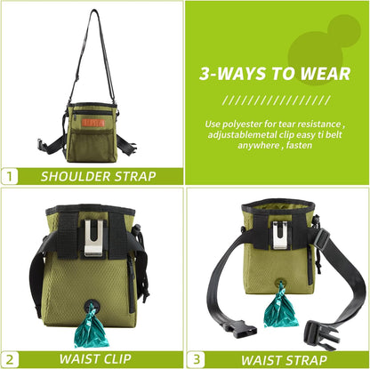 KHPR dog walking pouch illustrating three ways to wear options