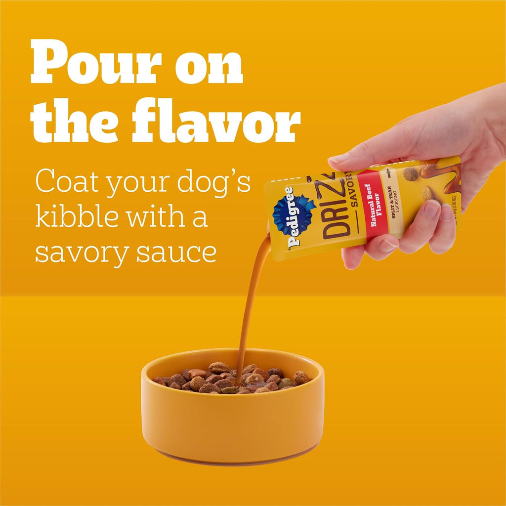 Low calorie savory sauce dog food topper pour view on kibble