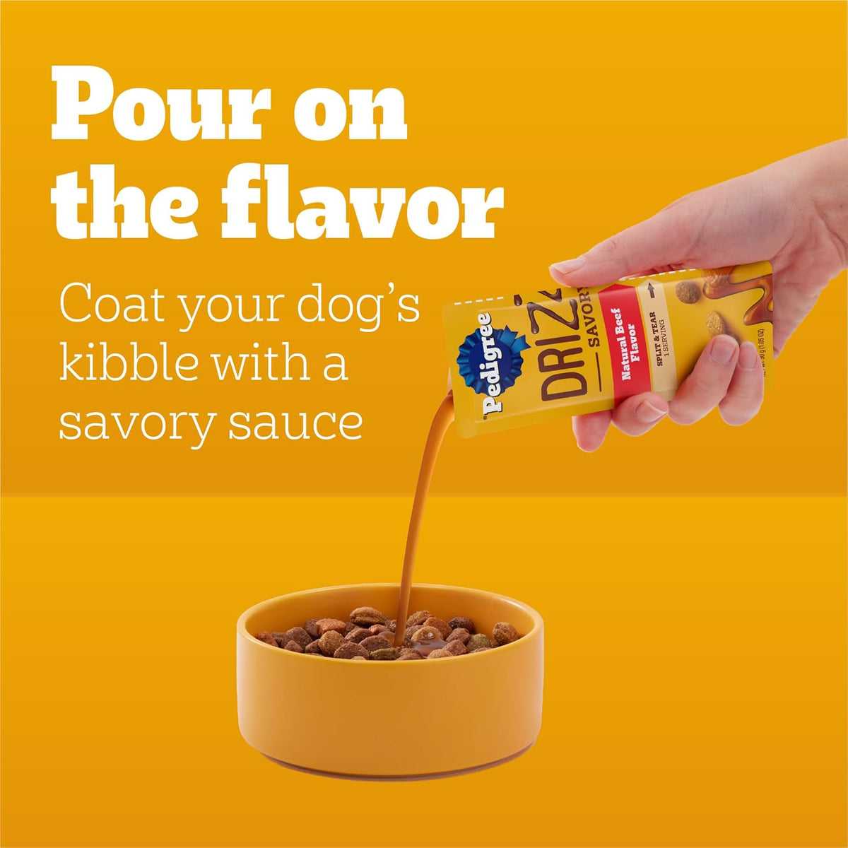 Low calorie savory sauce dog food topper pour view on kibble
