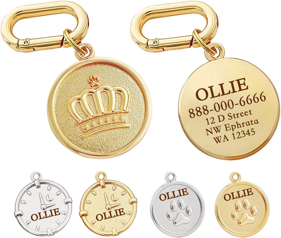 Dogs ID Tags Personalized Double Sided Deep Engraved Cat & Dog Collar Charm Round Shape Frosting Process Silver/Gold Plated (PAW-Gold) - Image 10