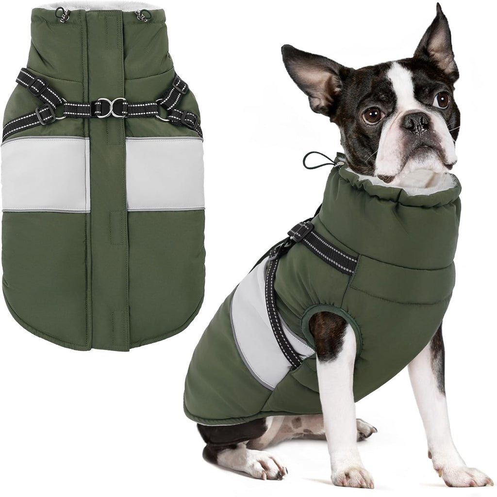 SUNFURA warm dog apparel package showcasing the pink medium sized winter jacket flat lay with tags.