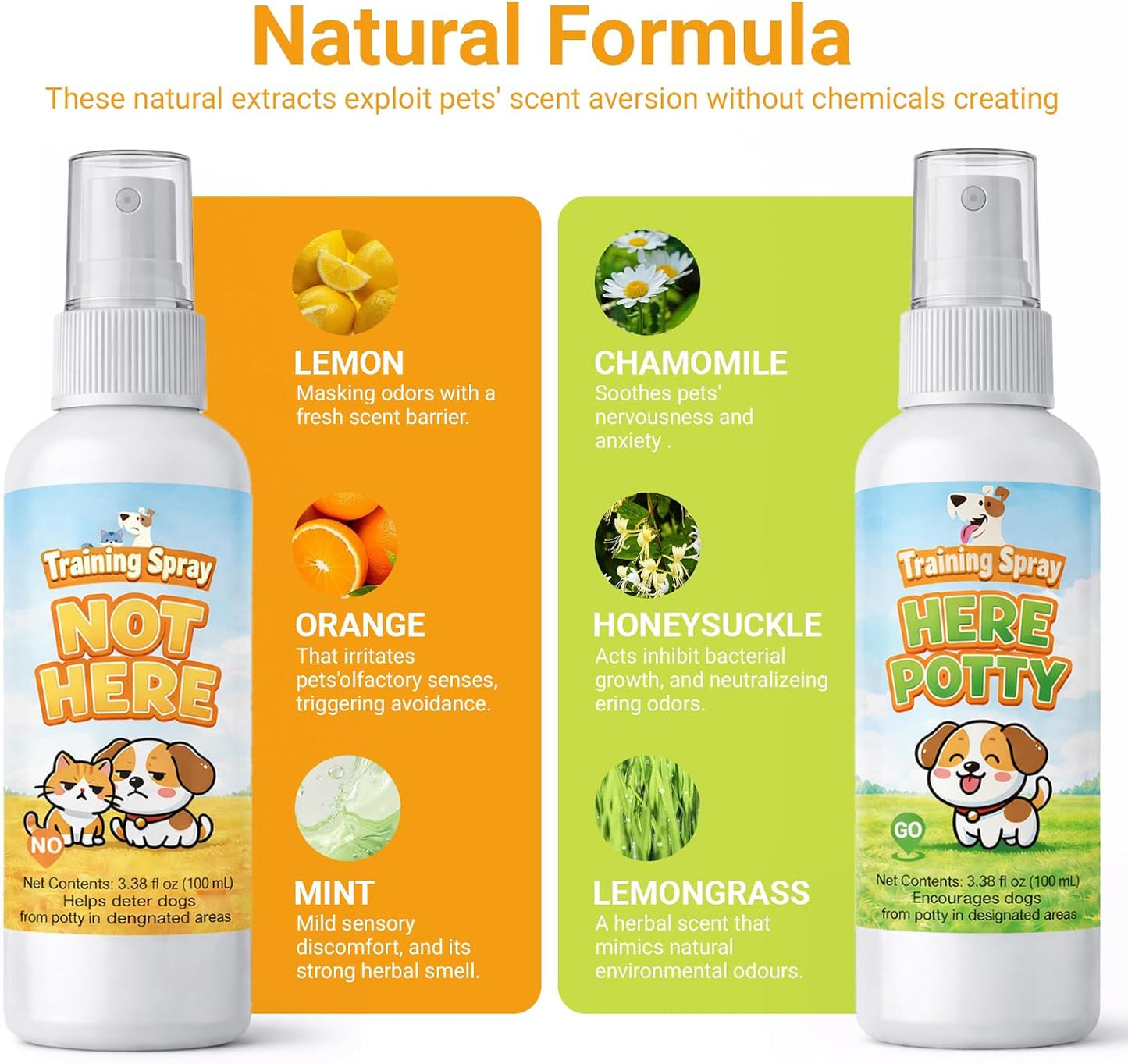 Two bottles of Norce Sactor dog training spray for indoor and outdoor use