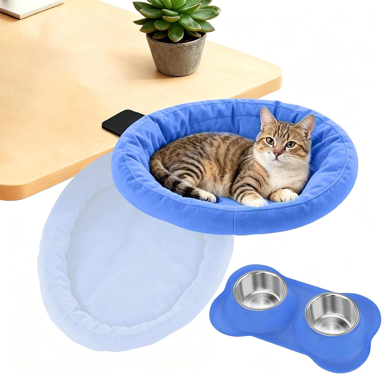 Pawaboo Cat Desk Bed, Sunken Cats Hammock with Steel Clamp Hold up to 40lbs, One-click Foldable Cat Side Table Beds with Soft Plush, Reversible & Washable Hanging Cats Bed for Game Office Home Desktop - Image 12