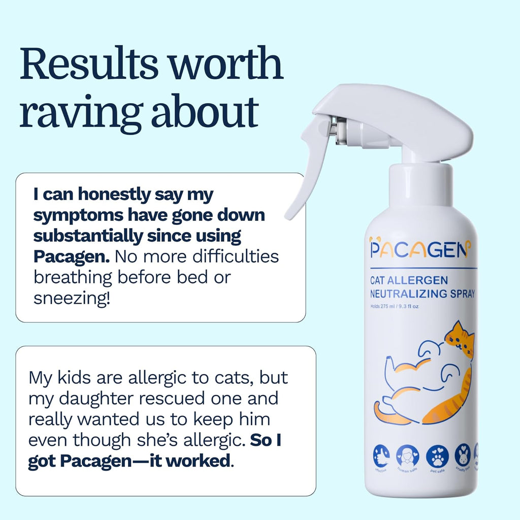 Pacagen bio-engineered allergen defense spray setup on a home tabletop.