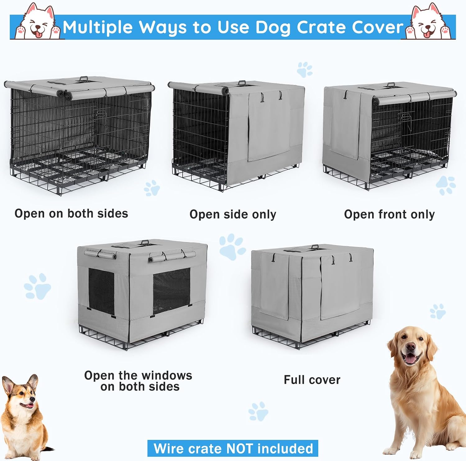 Grey 24 inch puppy kennel cover with rolled up mesh side window.