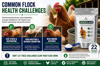 Back label of Chick'n Aid chicken wellness supplement indicating instructions and scoop measurements
