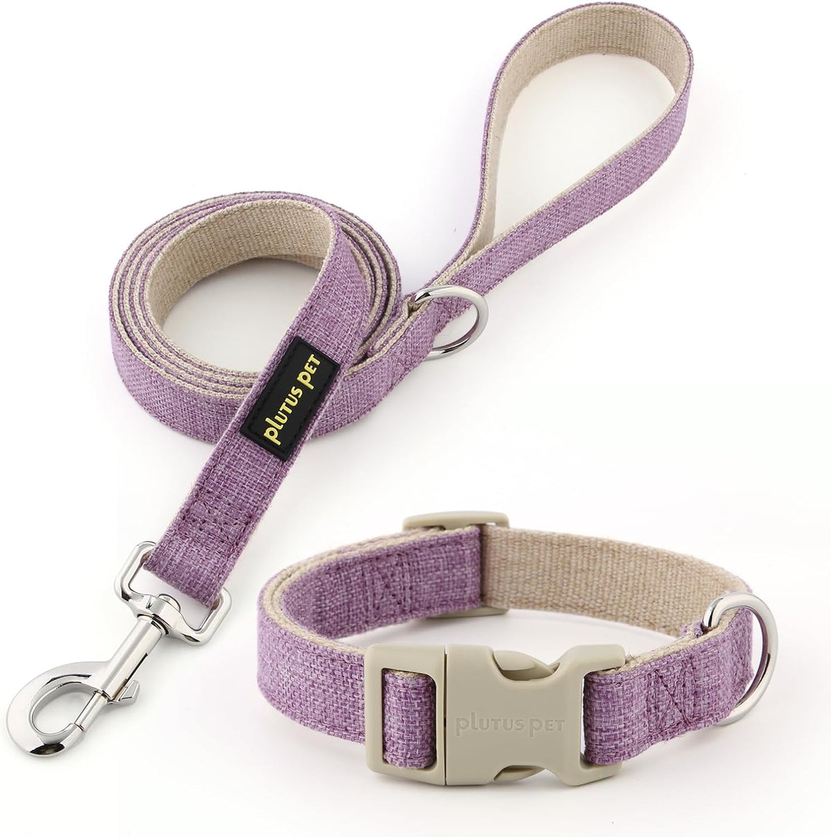 Plutus Pet cotton hemp dog collar and leash set lavender front view