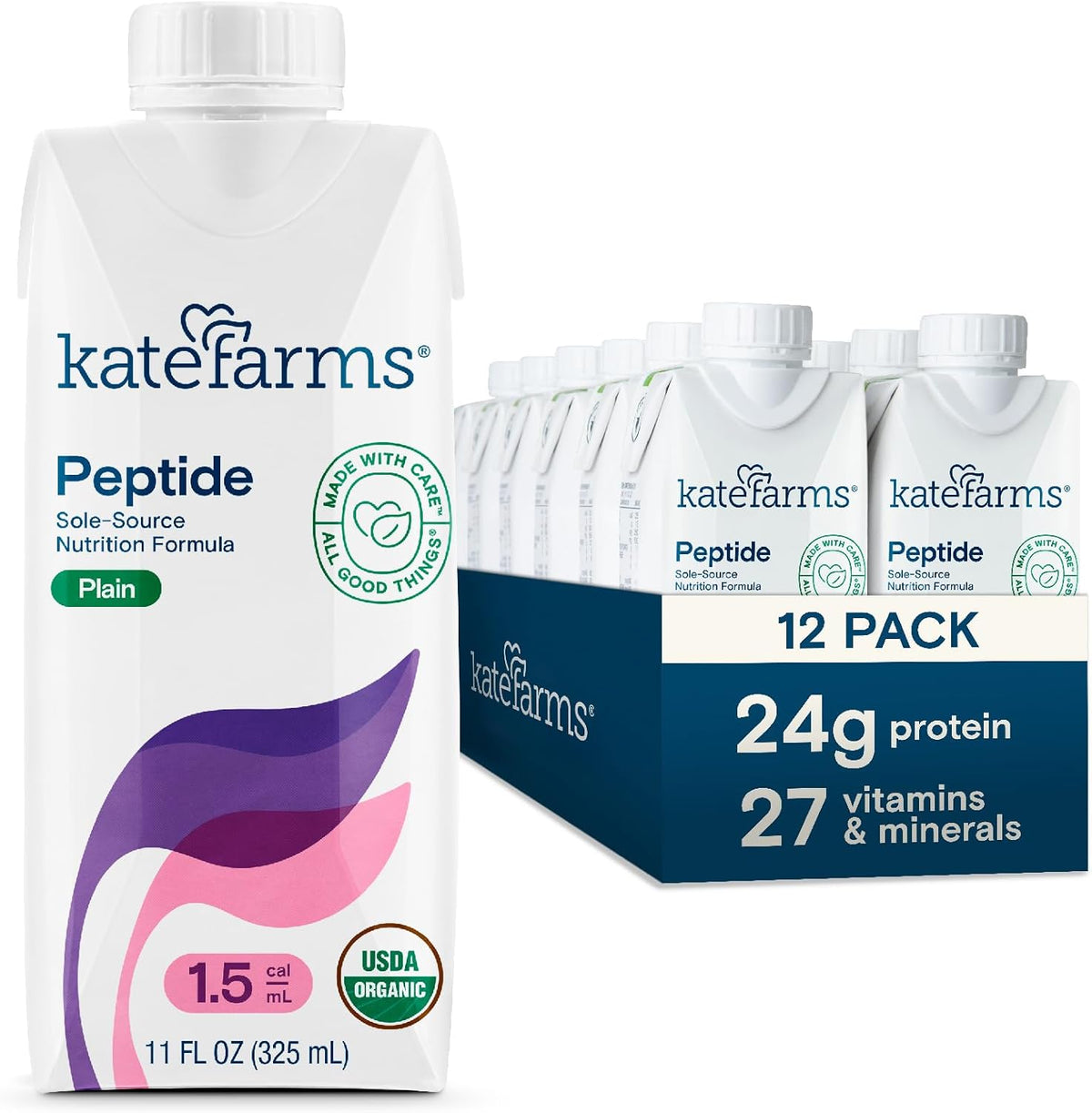 Kate Farms Adult Peptide 1.5 Plain 12 pack front view medical nutrition formula