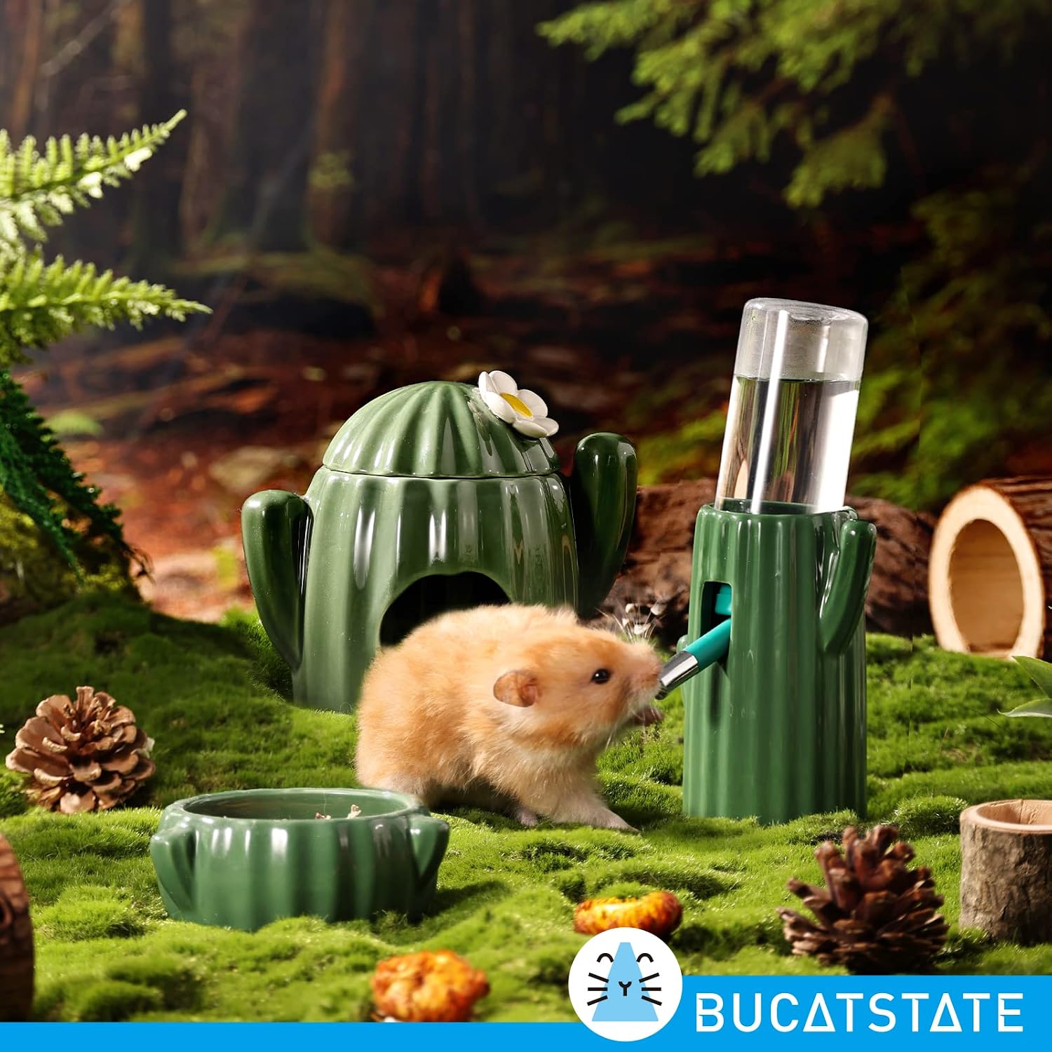BUCATSTATE Cactus Ceramic Leakproof Hamster Water Bottle Gerbils Water Bottles with Holder Water Feeder for Small Animals (Green) - Image 4