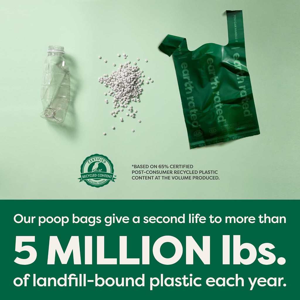Eco friendly dog waste bags made from recycled plastic on a compact roll.