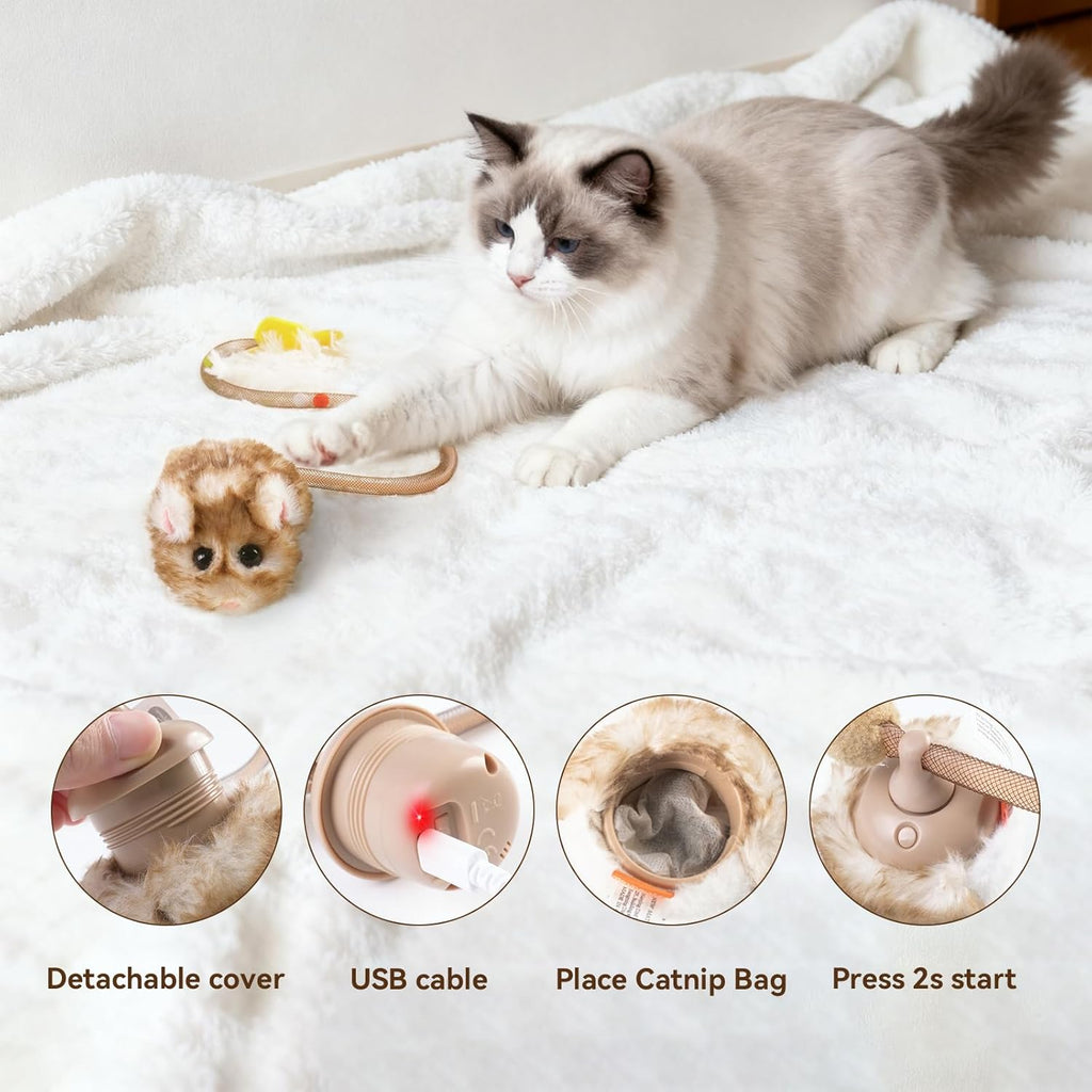 Feline entertainment toy with the replaceable organic catnip pouch compartment open.