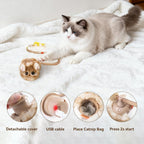 Feline entertainment toy with the replaceable organic catnip pouch compartment open.
