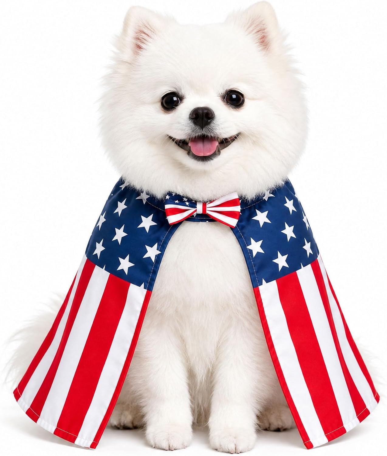 Tailcoat Cos 4th of July dog costume front view showcasing the vibrant American flag design on a small pet.