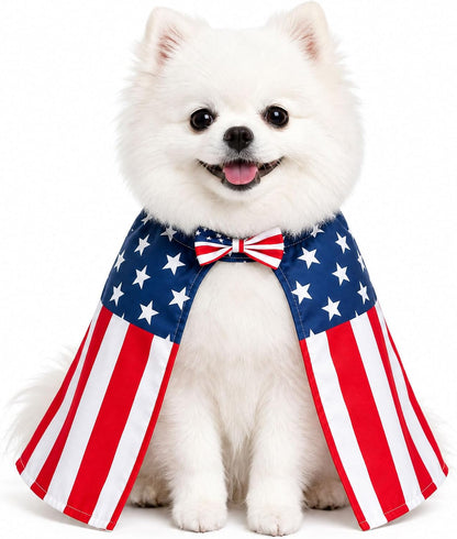Tailcoat Cos 4th of July dog costume front view showcasing the vibrant American flag design on a small pet.