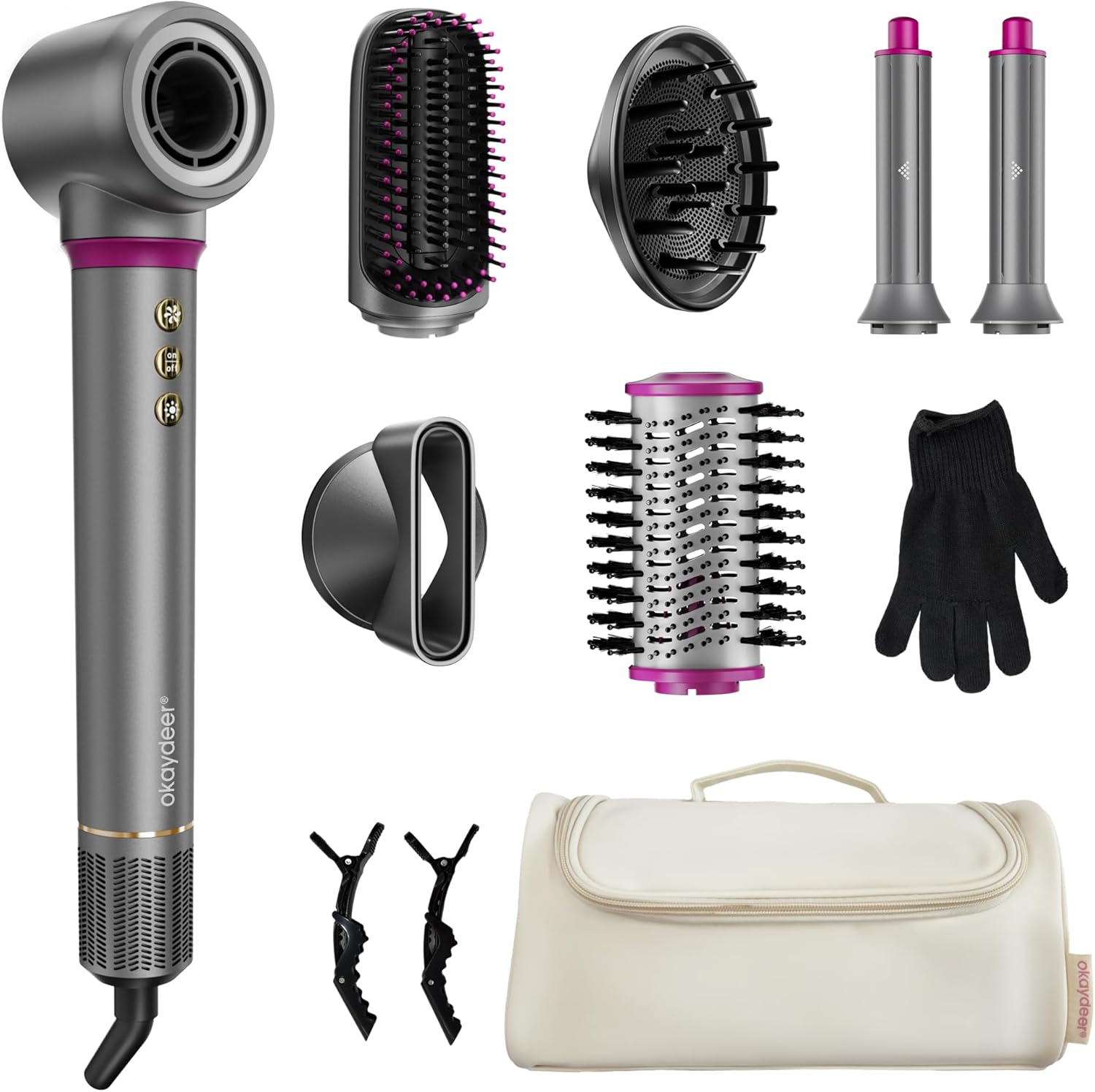 BLURISM 7 in one hair dryer front view showing the main power handle with ionic technology indicators