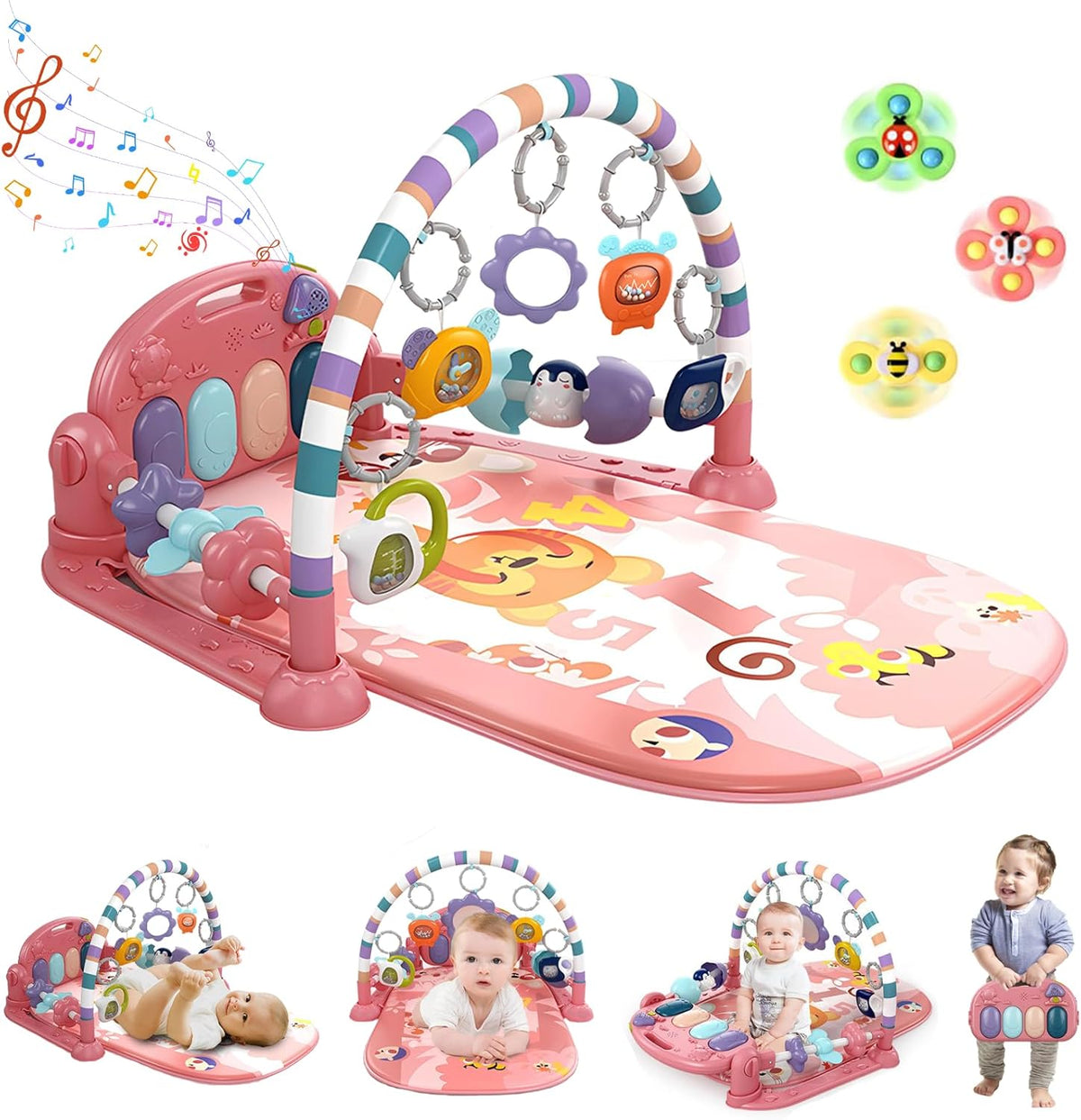 Derimkcoa Baby Gym Play Mat front view showing pink activity center and piano