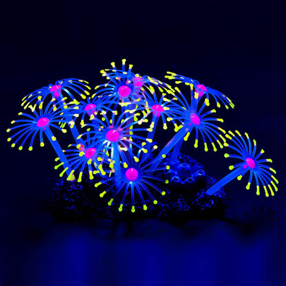 Uniclife glowing artificial coral plant yellow front view in a fish tank setup.