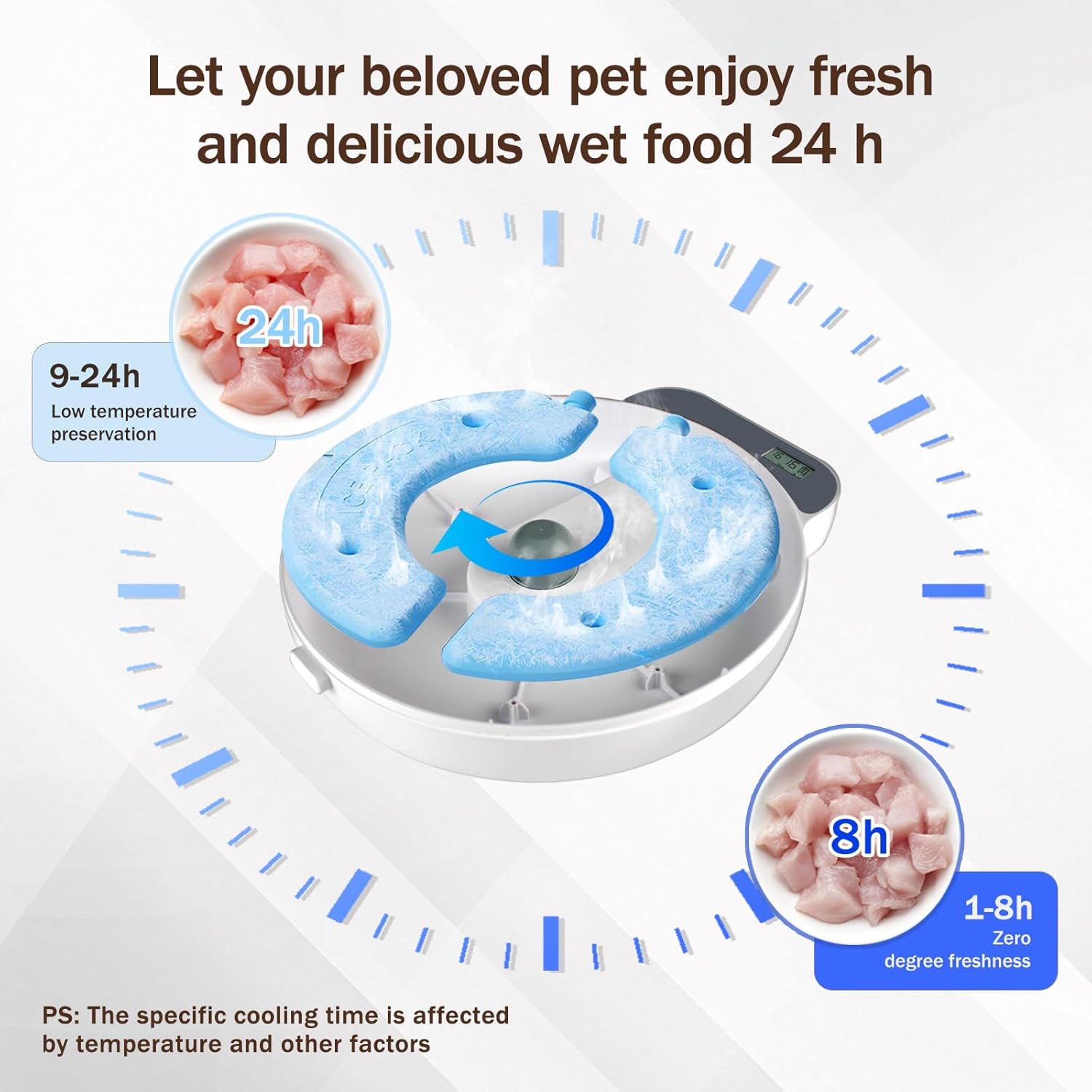 Refrigerated pet food dispenser with ice packs removed from underneath the tray