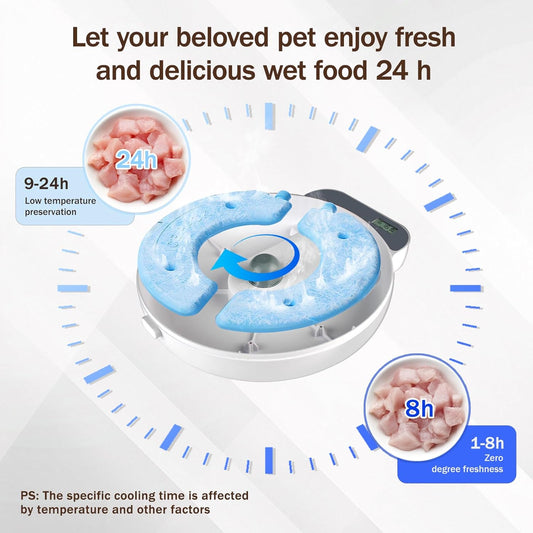Refrigerated pet food dispenser with ice packs removed from underneath the tray