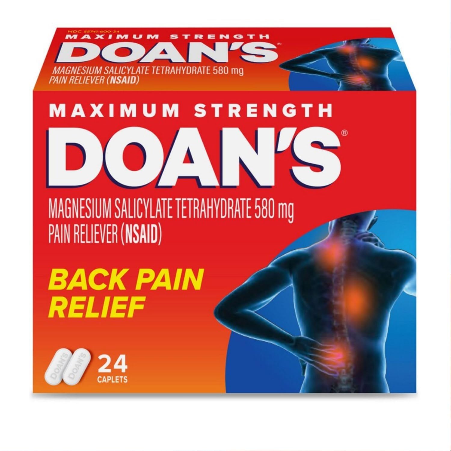 Doans Extra Strength Pain Reliever 24 count pack of 4 front view showing packaging details