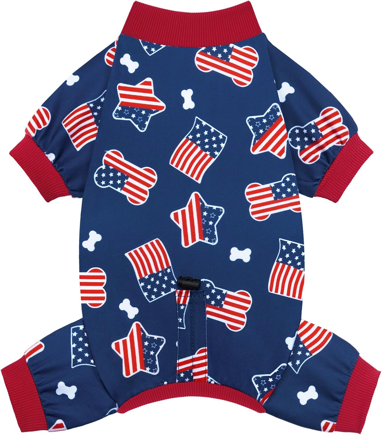 XPUDAC 4th of July dog pajamas front view on a small puppy