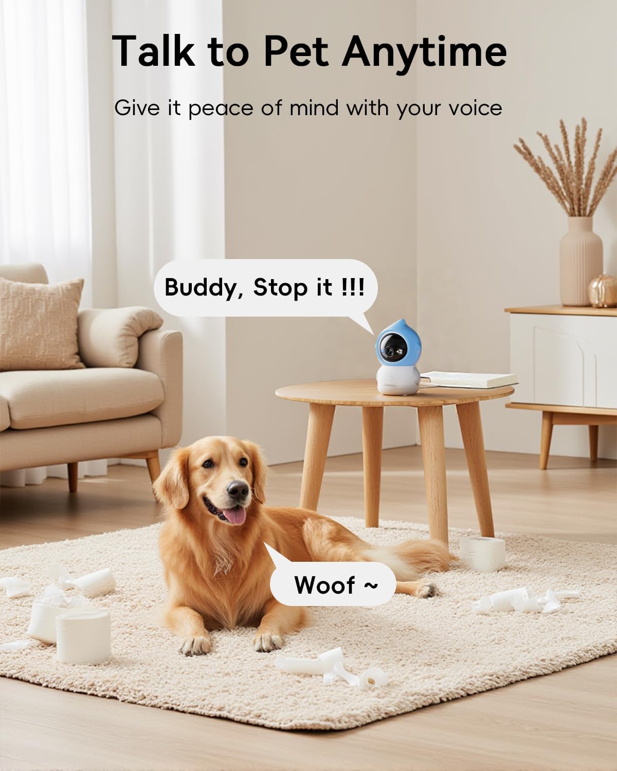 ZUMIMALL pet surveillance camera showcasing its sleek white modern design profile