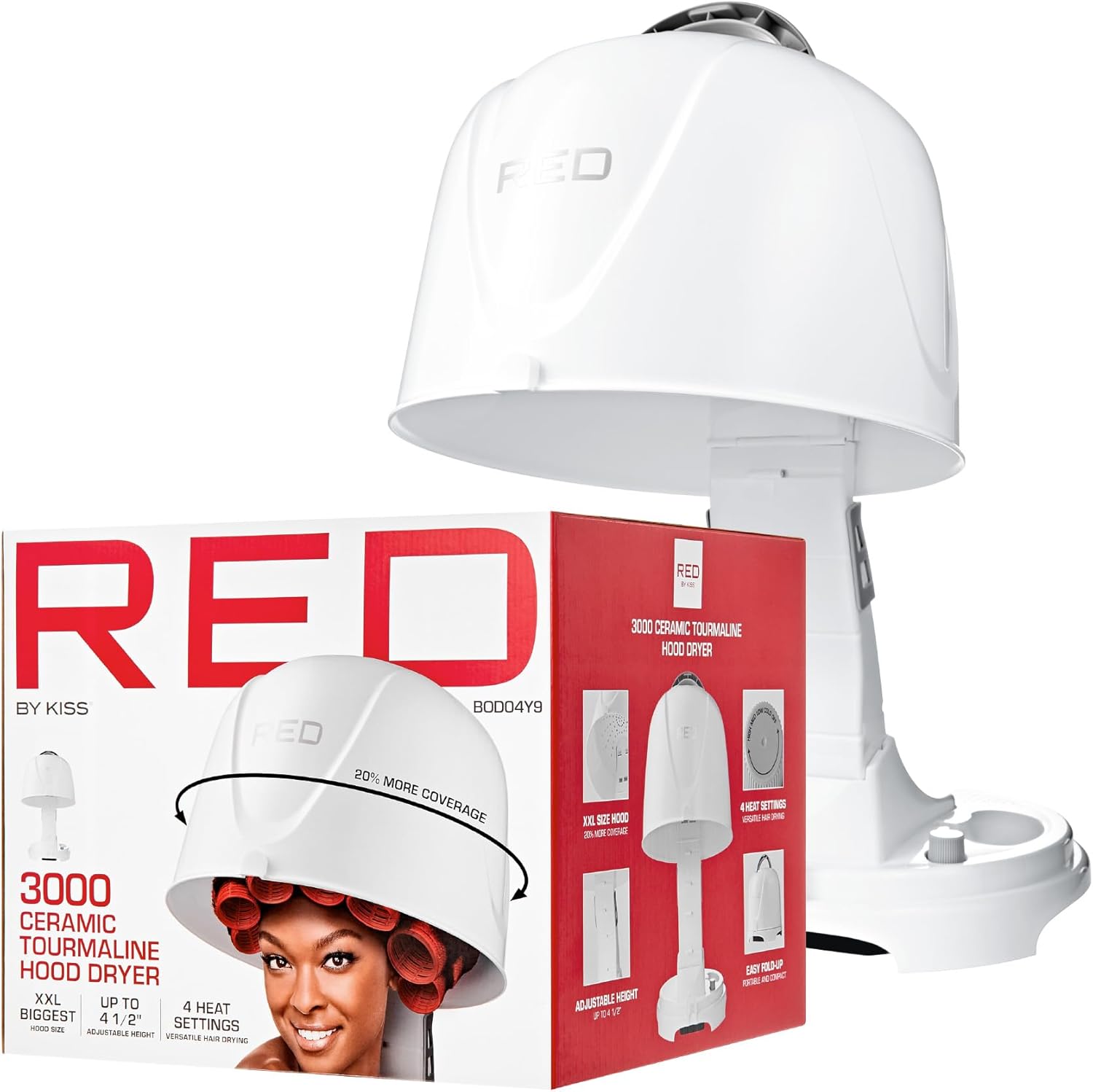 Red by Kiss 3000 Ceramic Tourmaline Professional Hood Dryer front view showcasing the large adjustable bonnet stand