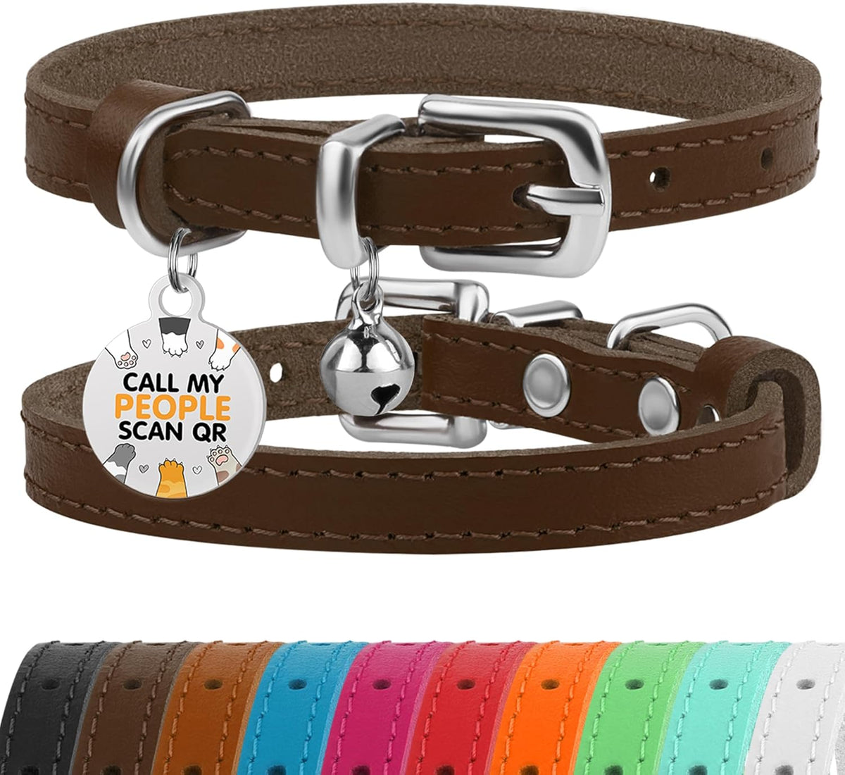 BRONZEDOG Leather Cat Collar with Removable Bells Non Breakaway Kitten QR Tag for Girl Boy (7" - 9" for Cats, Black & Gold) - Image 9