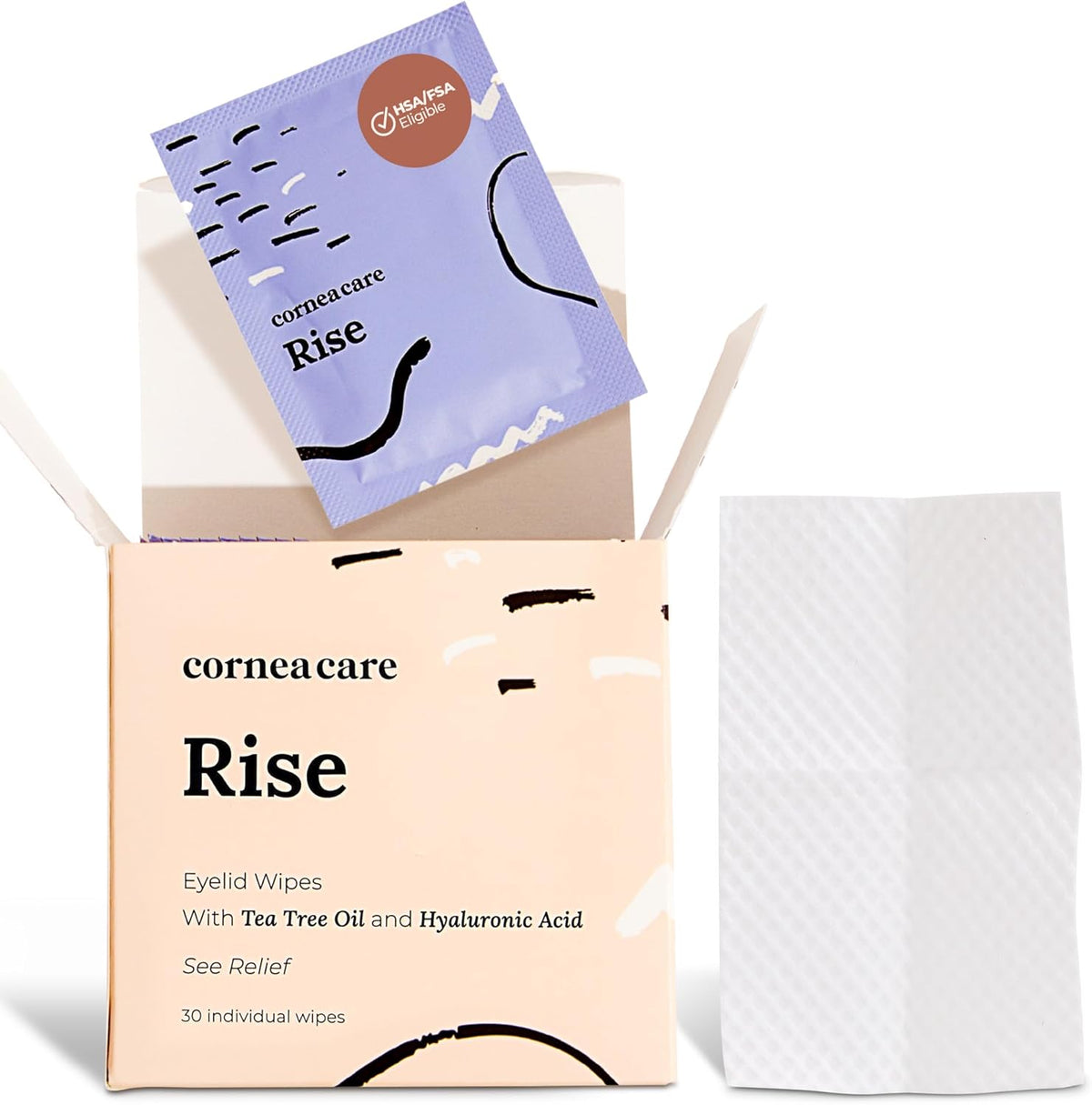 CorneaCare Rise Eyelid Wipes purple packaging front view for dry eye relief.