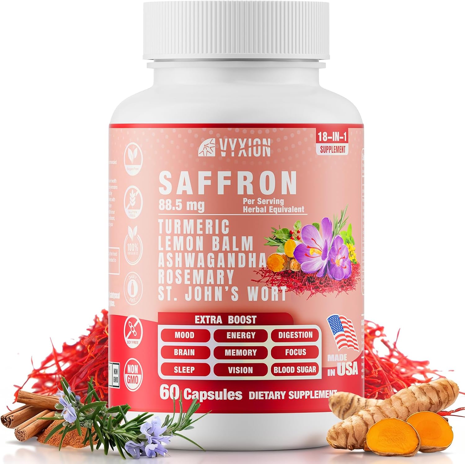 Vyxion Saffron Herbal Complex 18in1 front view bottle showing 60 capsules for mood support