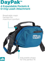 Reflective piping and safety accents on a large Outward Hound pet pack.