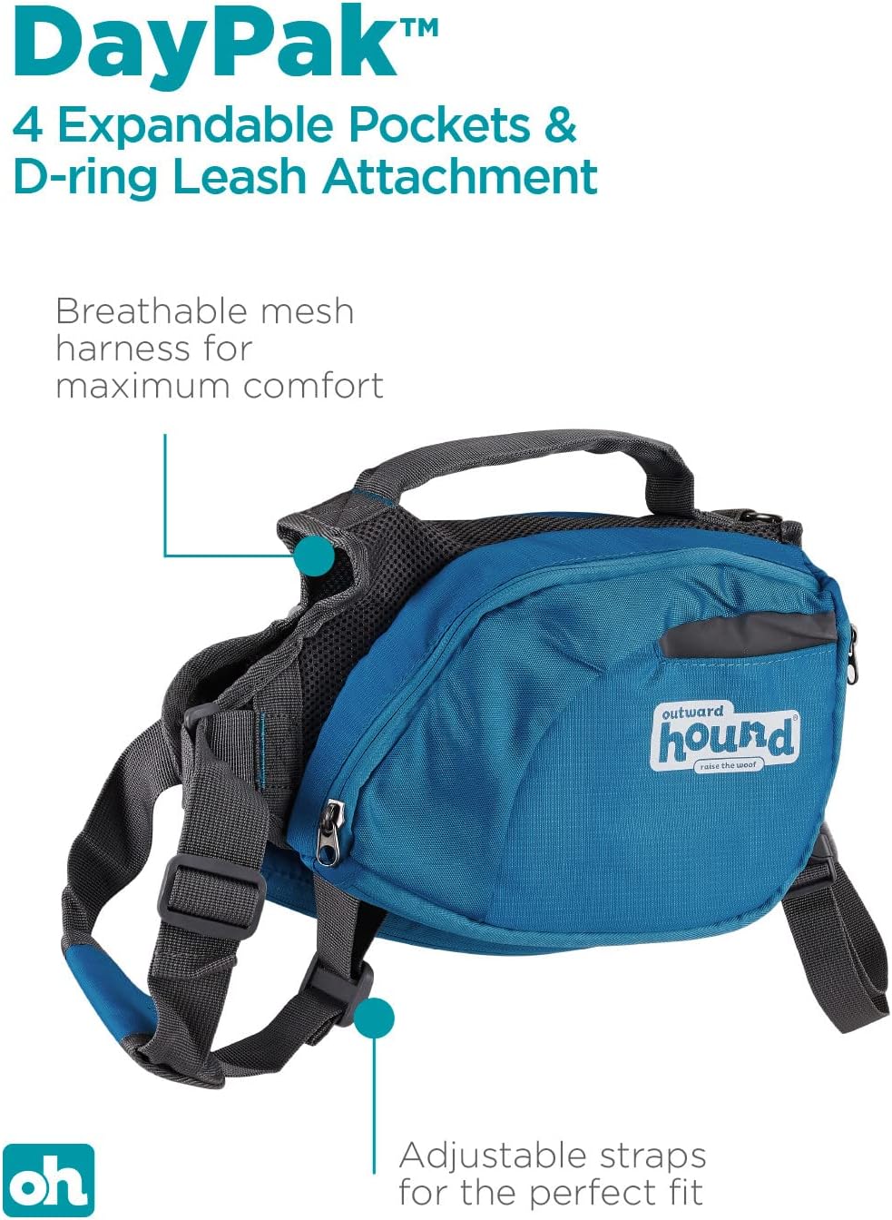 Reflective piping and safety accents on a large Outward Hound pet pack.