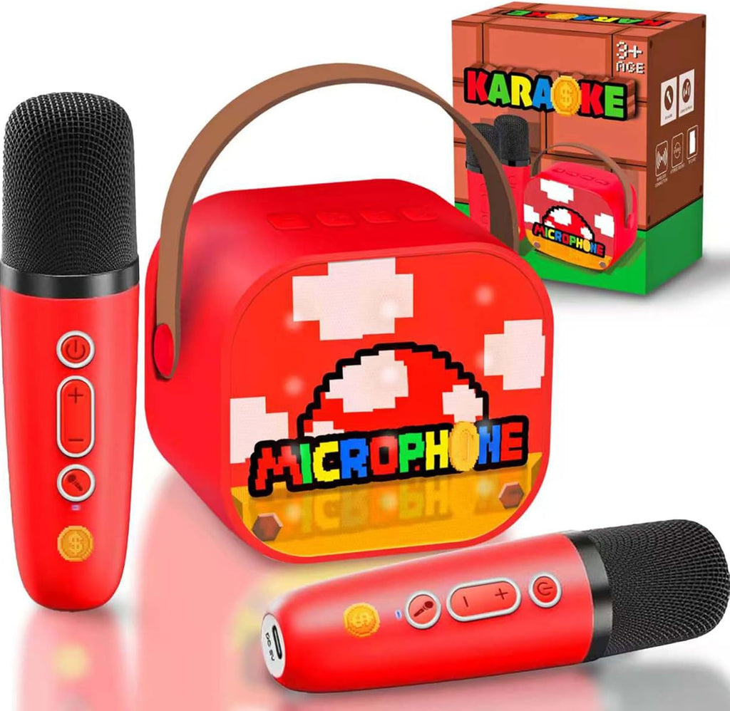 Zosxi Pixel Super Bro Mini Karaoke Machine front view with two wireless microphones and glowing LED lights.