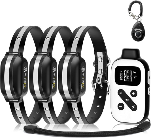 PaiPaitek PetJoy three dog shock collar front view with remote transmitter for pet obedience training