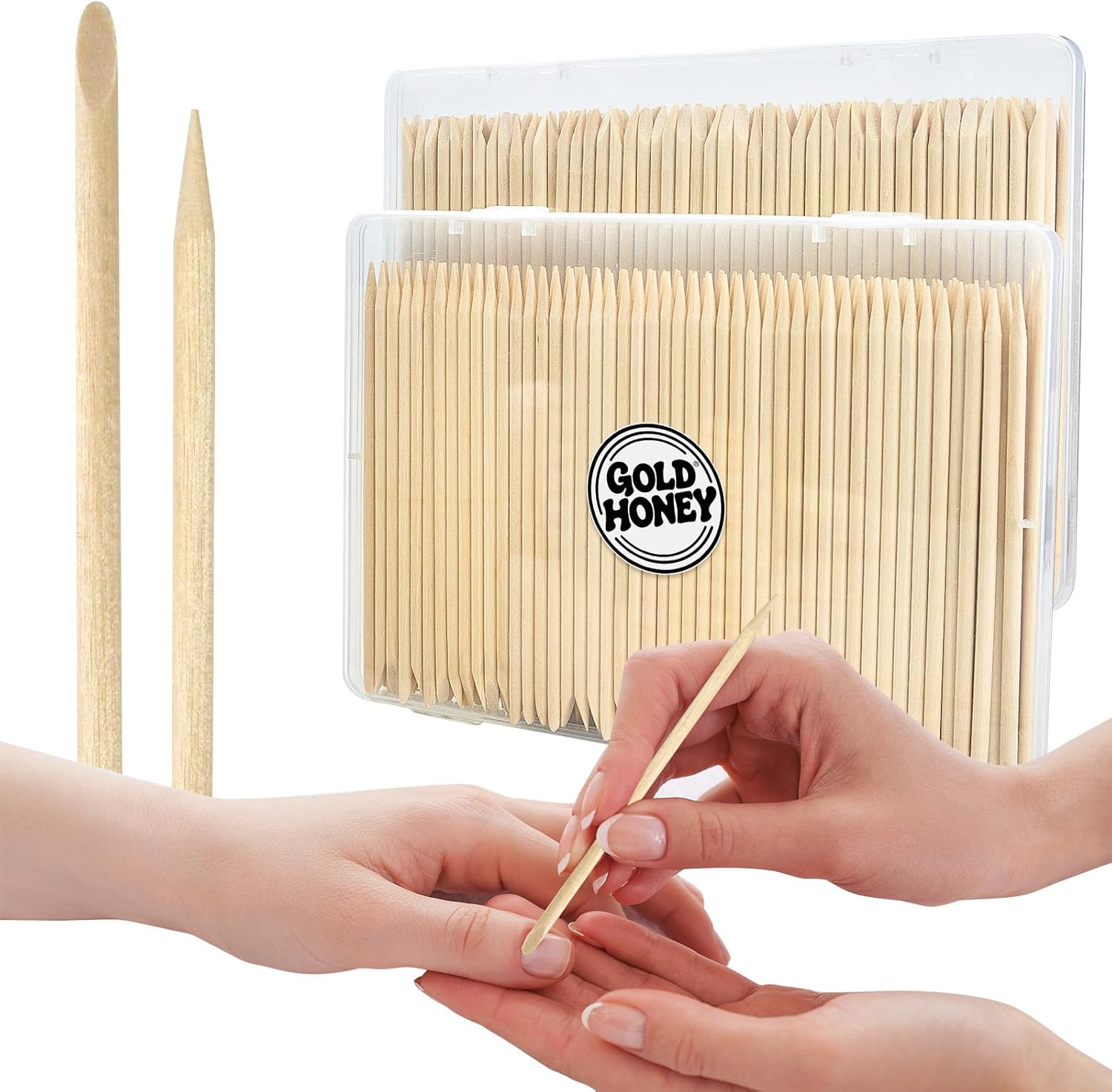 Bcowos Gold Honey wooden cuticle pusher sticks front view in clear storage case.