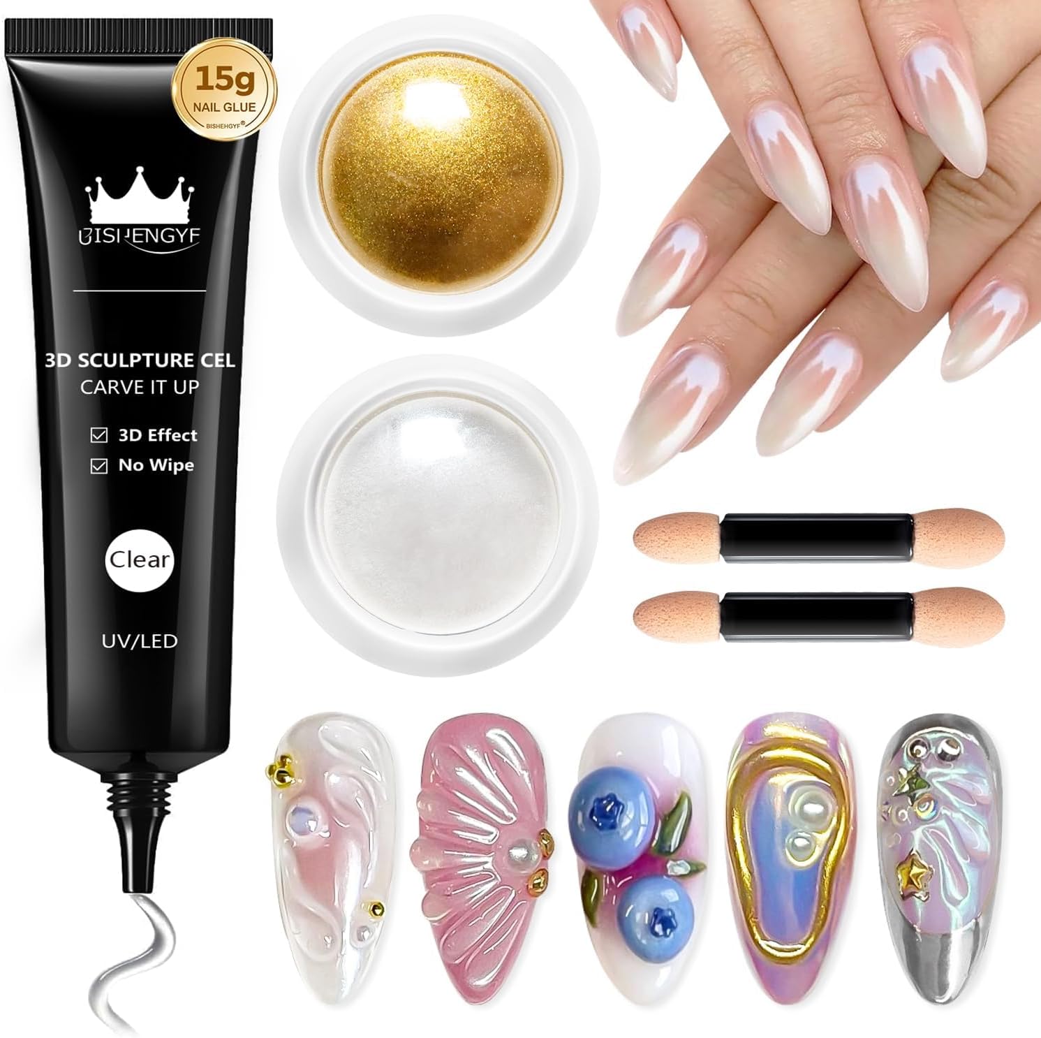 Bishengyf 3D Nail Sculpting Gel and Chrome Powder Kit front view