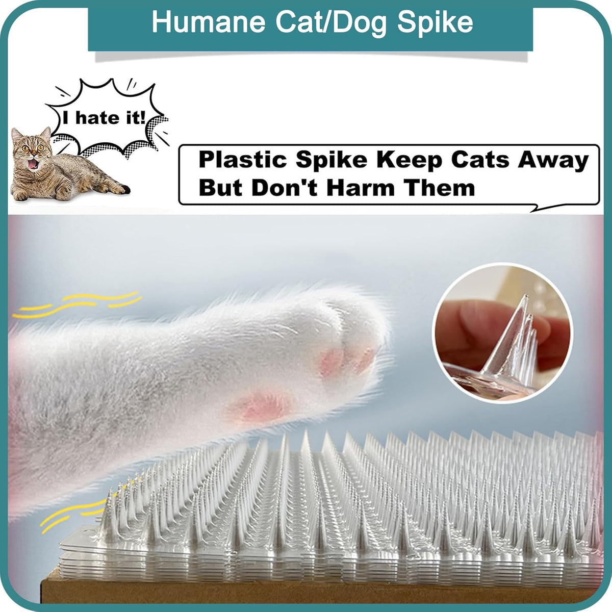 Close up of Bytebay transparent plastic spikes for cat deterrence
