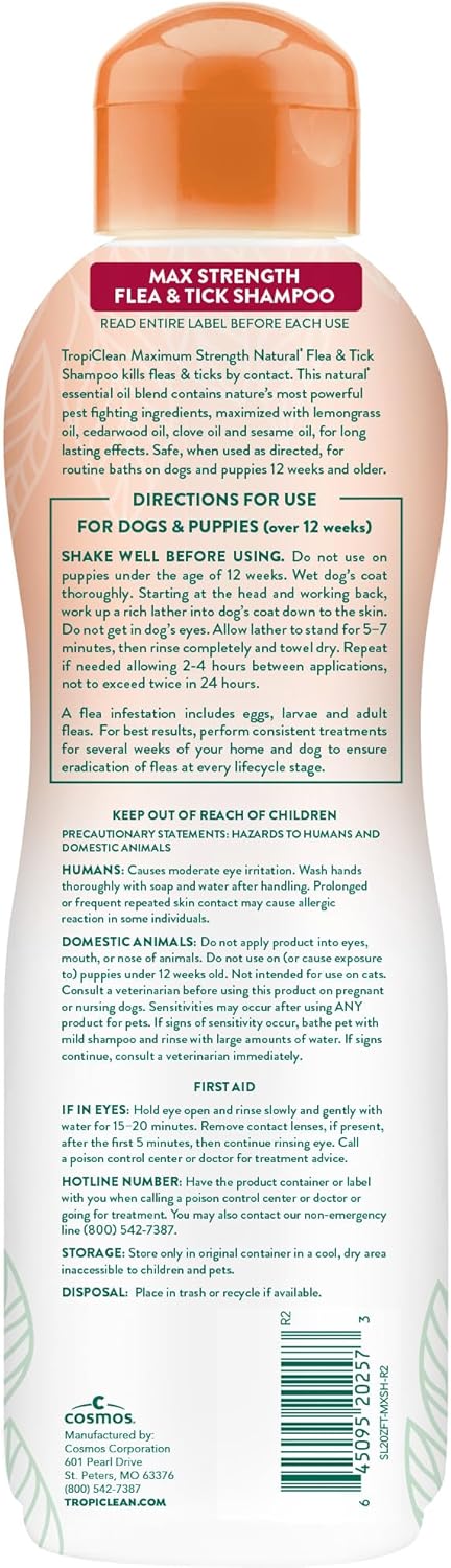 TropiClean plant based flea and tick shampoo for dogs back label