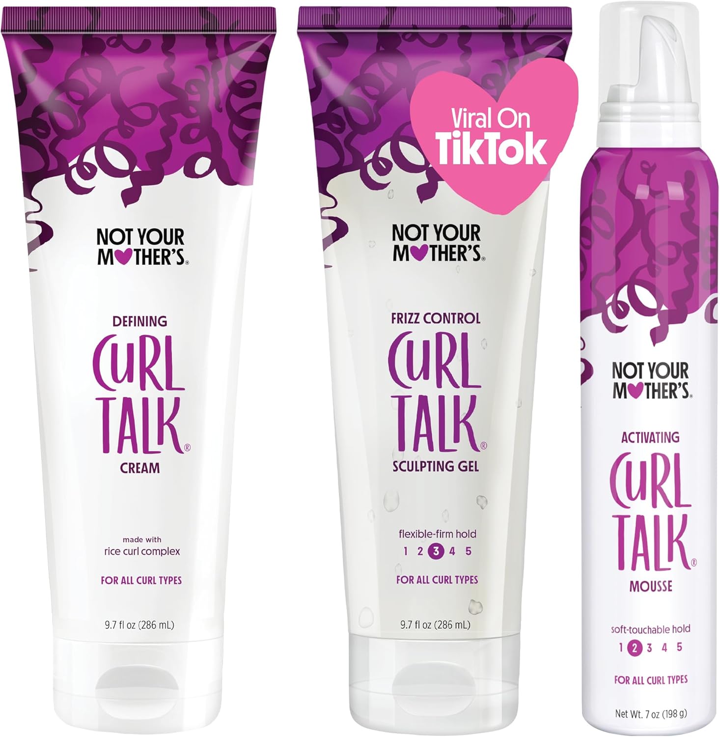 Not Your Mothers Curl Talk trio pack front view showcasing cream gel and mousse for curly hair care