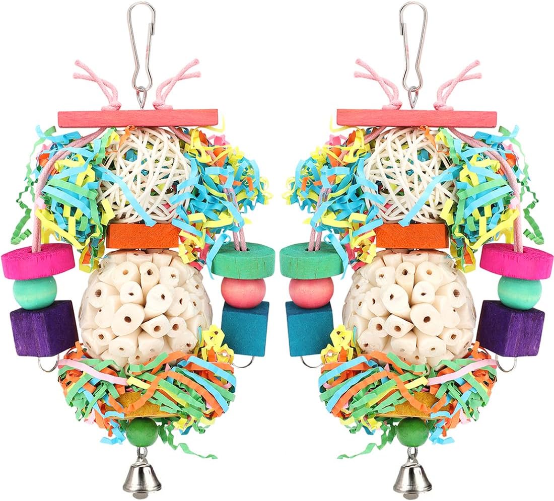 Details of colorful non-toxic wooden blocks on hanging bird toy