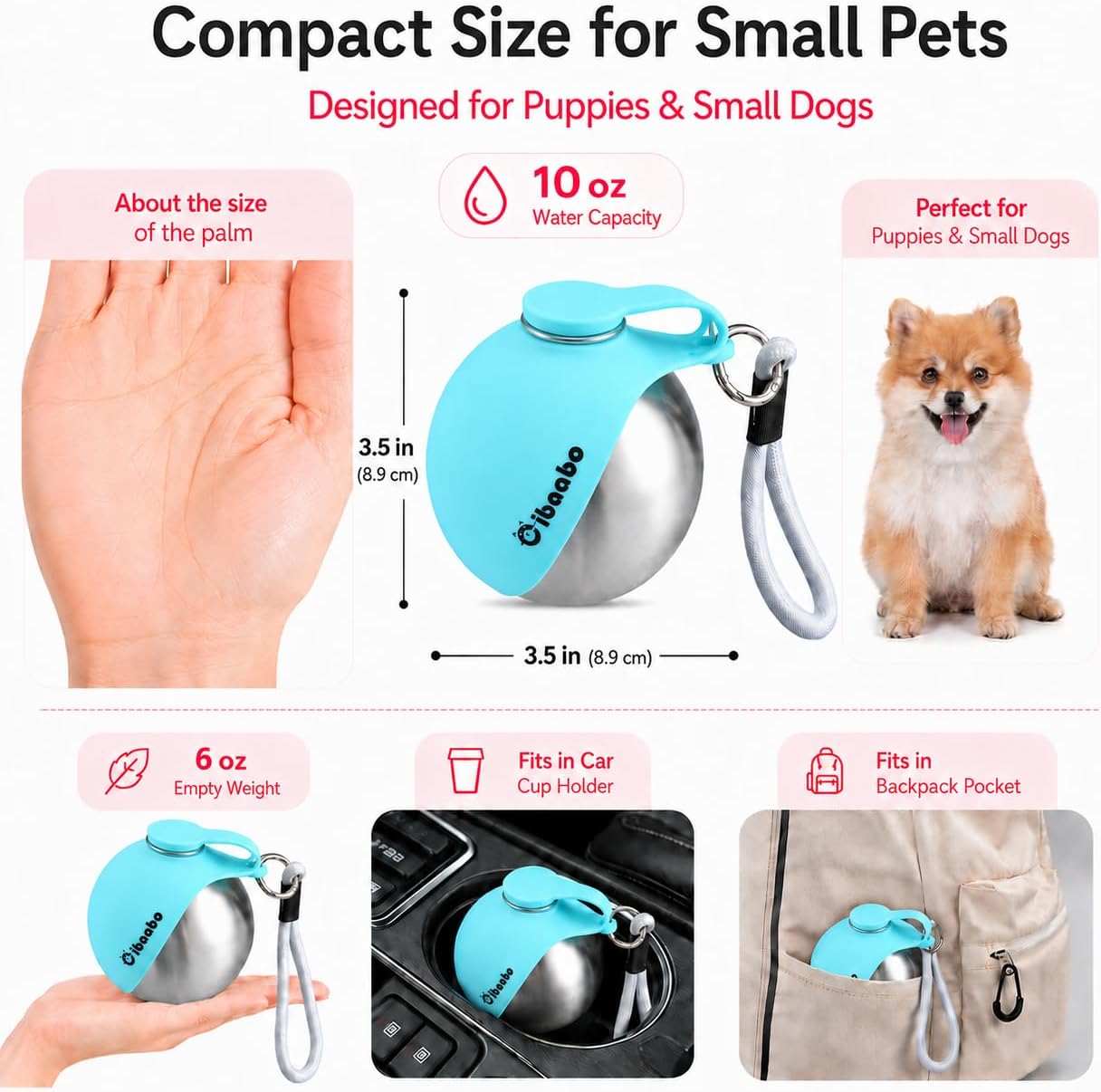 Cibaabo travel pet water dispenser with the silicone sleeve flipped out into an open drinking bowl for puppies.