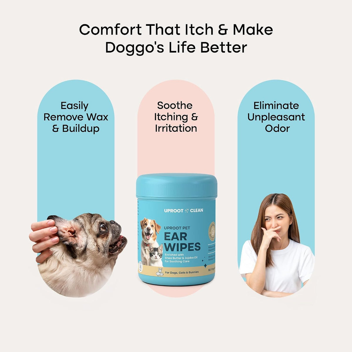 Uproot Clean finger wipe clearing earwax from a dog ear