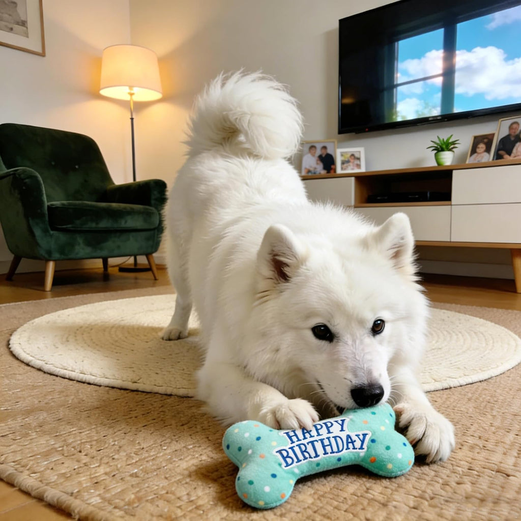 Large dog chewing gently on the authentic PrimePets plush bone toy