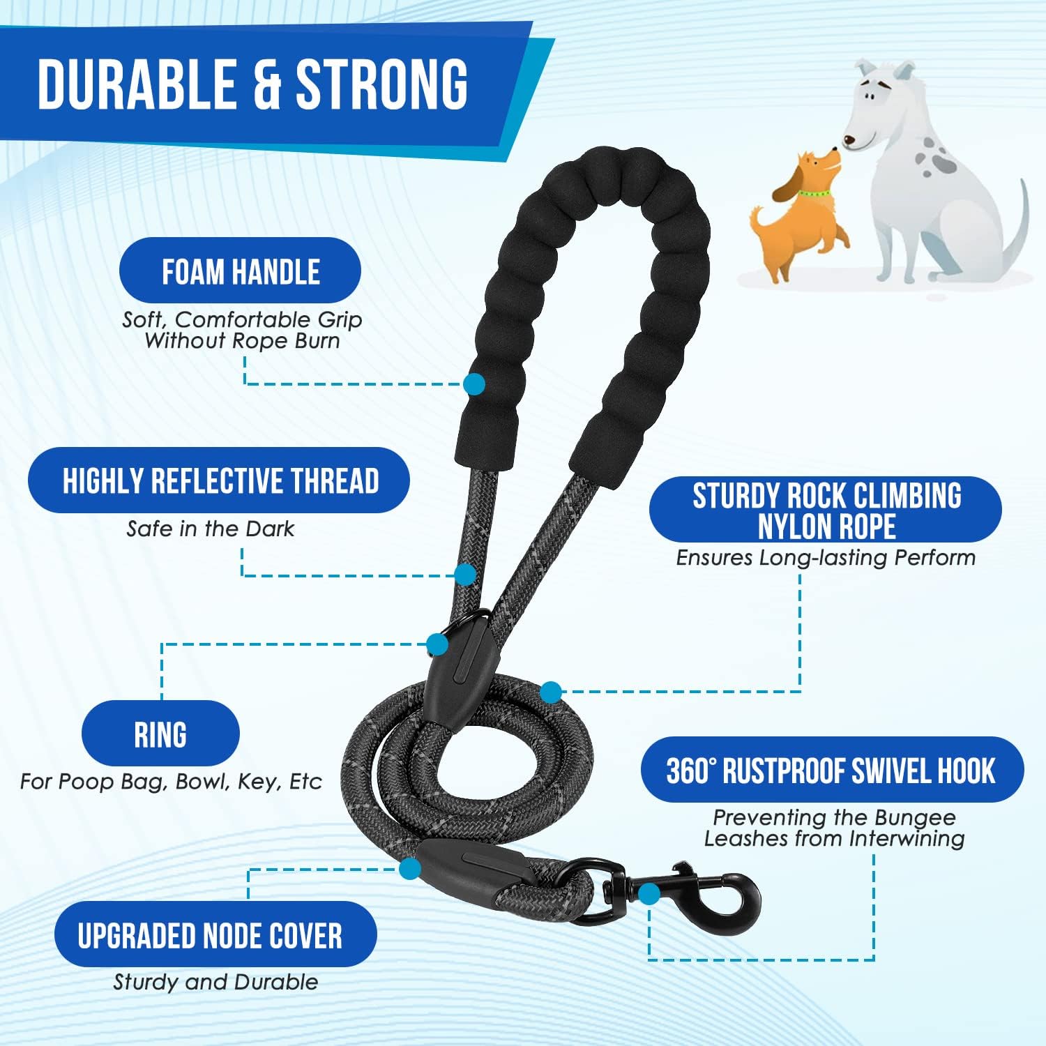 SlowTon reflective double pet leash displaying the woven safety stitching for nighttime visibility.