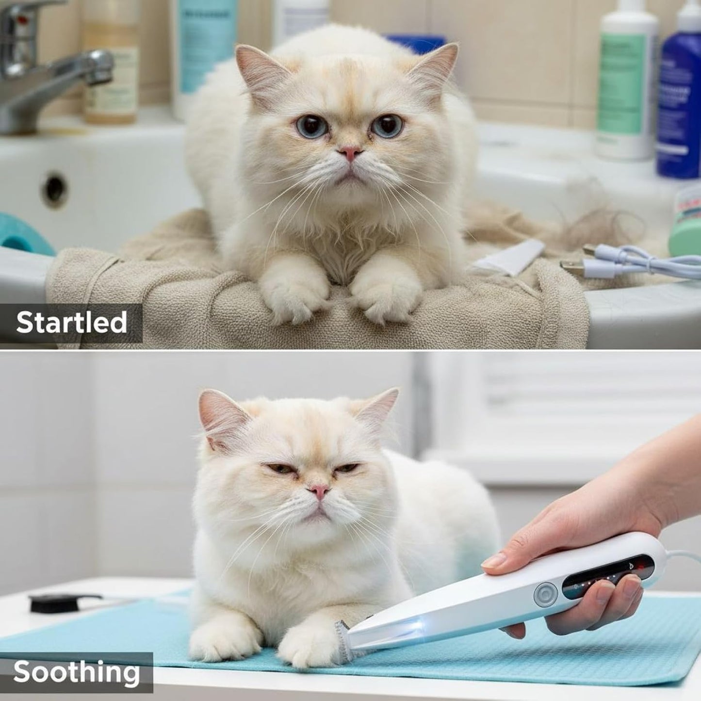Cordless dual speed cat shaver being used safely around sensitive paw pads