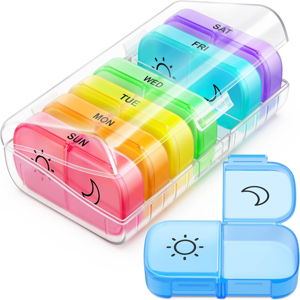 FEATY weekly pill organizer front view showcasing clear outer case and seven colorful daily boxes.
