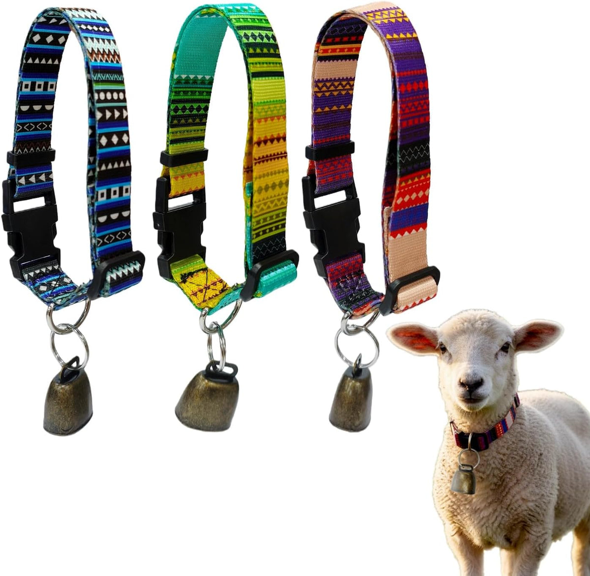 Chuanke goat collars and bells front view showing three adjustable nylon neck belts with geometric patterns