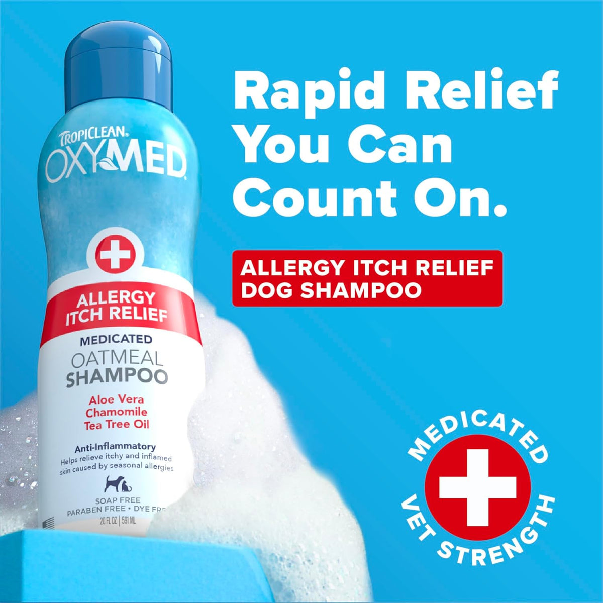 Close up of TropiClean OxyMed 20 fluid ounce shampoo bottle