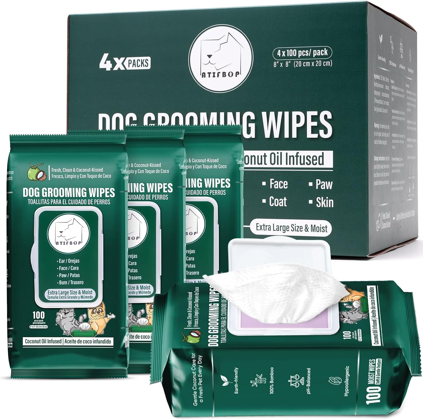 ATIFBOP premium imported pet wipes stacked lifestyle shot highlighting the professional grooming collection