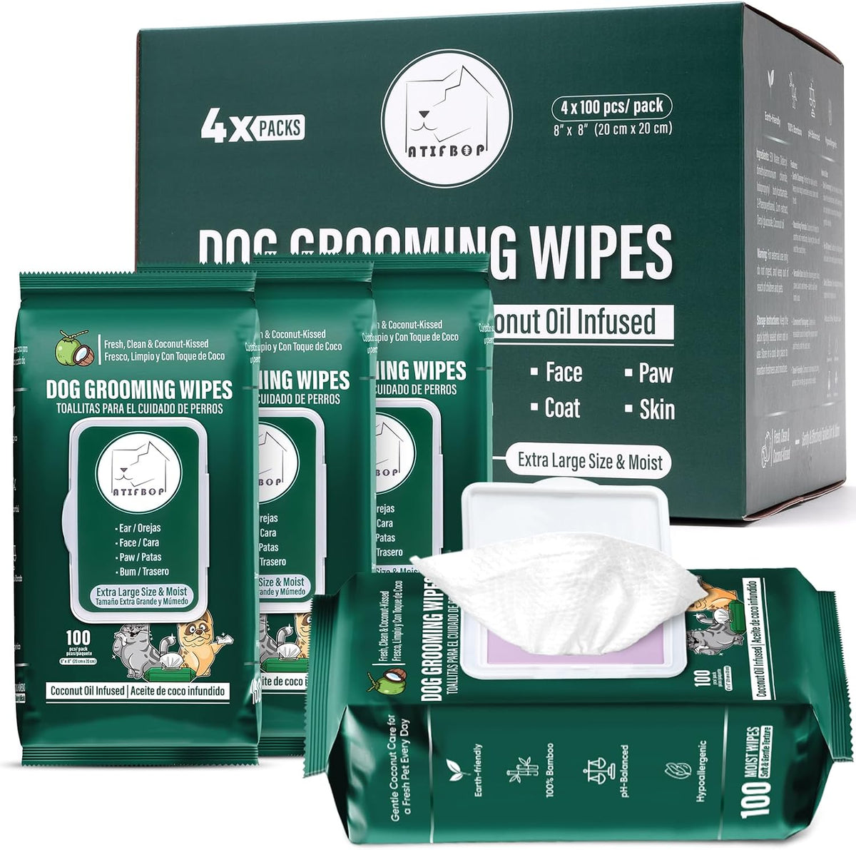 ATIFBOP premium imported pet wipes stacked lifestyle shot highlighting the professional grooming collection